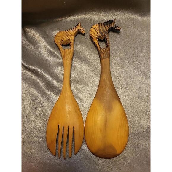 Wooden African Zebra  Spoon And Fork Salad Set - Picture 6 of 10